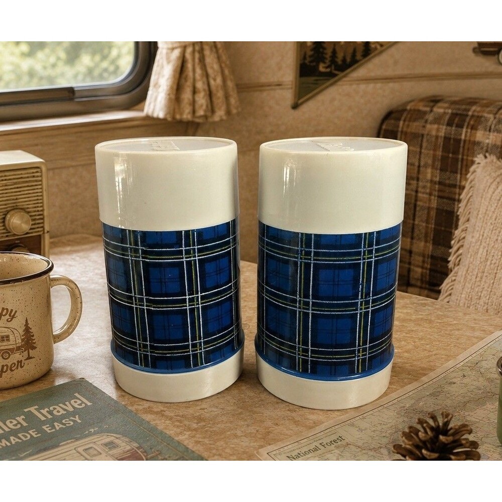 Vintage Aladdin Best Buy Blue Plaid Pint Wide Mouth Thermos Bottle USA Lot of 2
